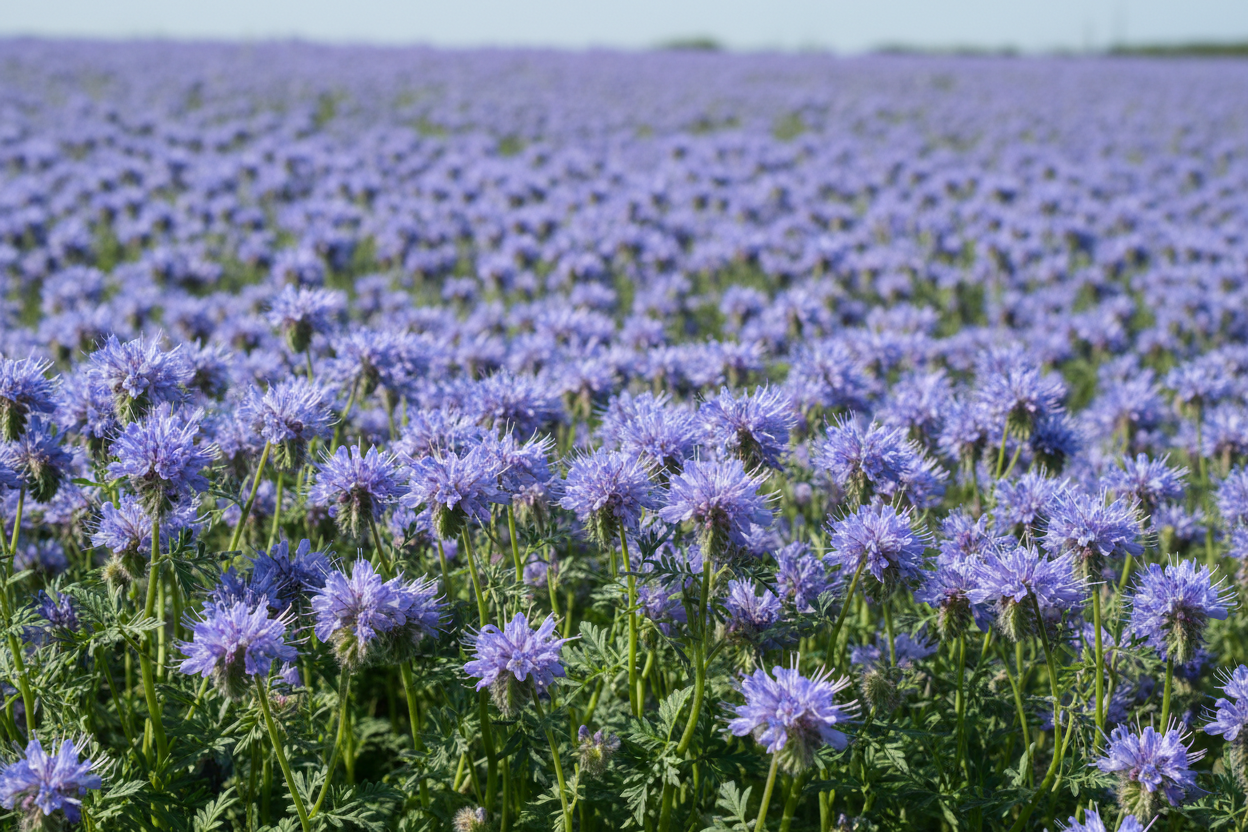 wygeneruj zdjęcie kwitnącej facelii błękitnej
